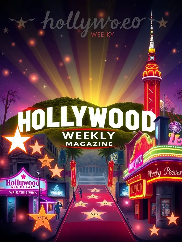 A collage of iconic Hollywood landmarks and events, subtly incorporating the Hollywood Weekly Magazine logo, symbolizing its deep connection to the entertainment industry.