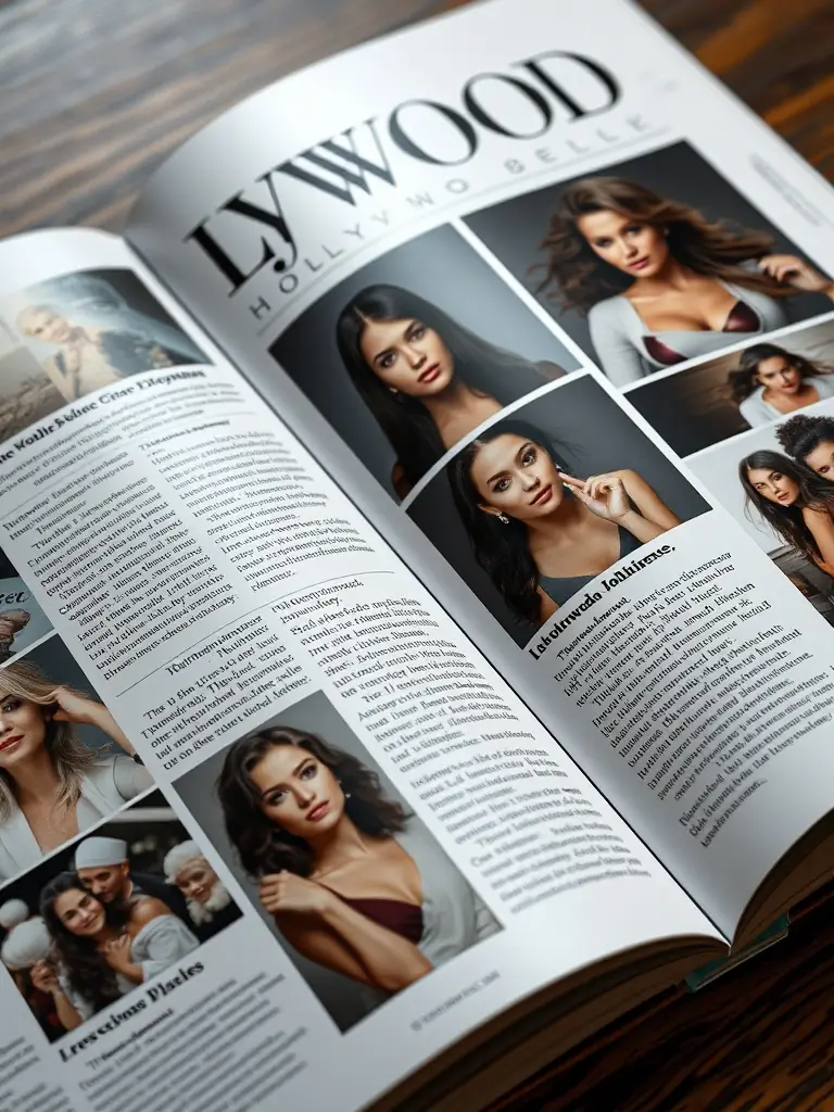 A detailed close-up of a page from Hollywood Weekly Magazine, highlighting its elegant typography, high-quality photography, and sophisticated layout.