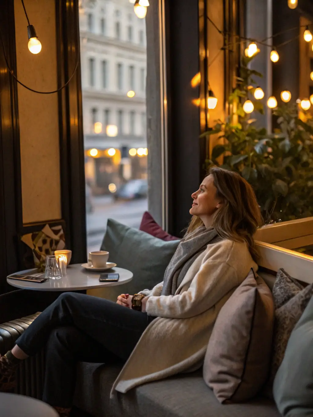 A photograph of a sophisticated reader engrossed in Hollywood Weekly Magazine in a luxurious setting, such as a high-end cafe or a private jet.